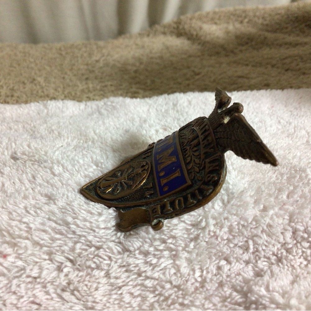 T.M.I. Military Institute Brass Eagle Shield Pin - Blue & Brass - Picture 10 of 15